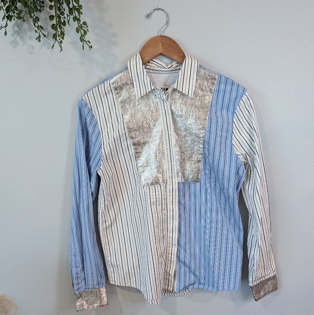 MSMG milano Striped Blue and Silver Women's Shirt Size 40 (S)